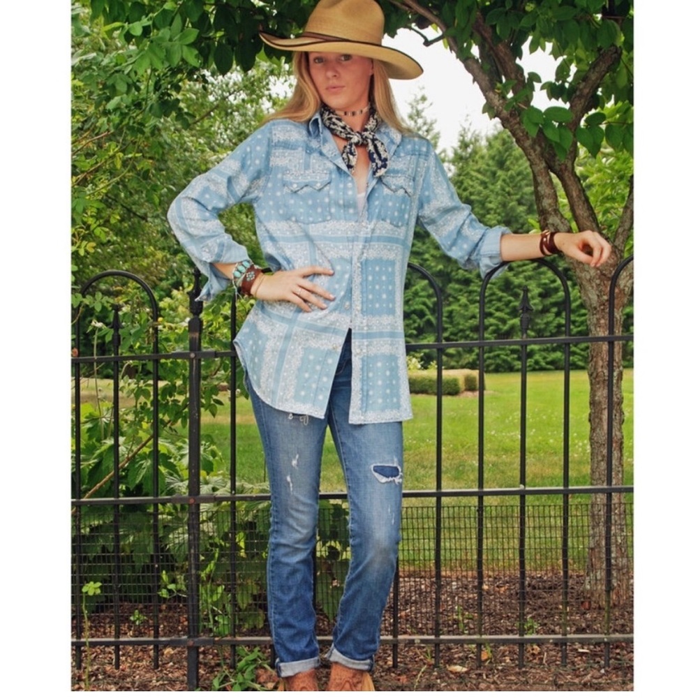 Tasha Polizzi Chambray Bandana Print Pearl Snap Shirt